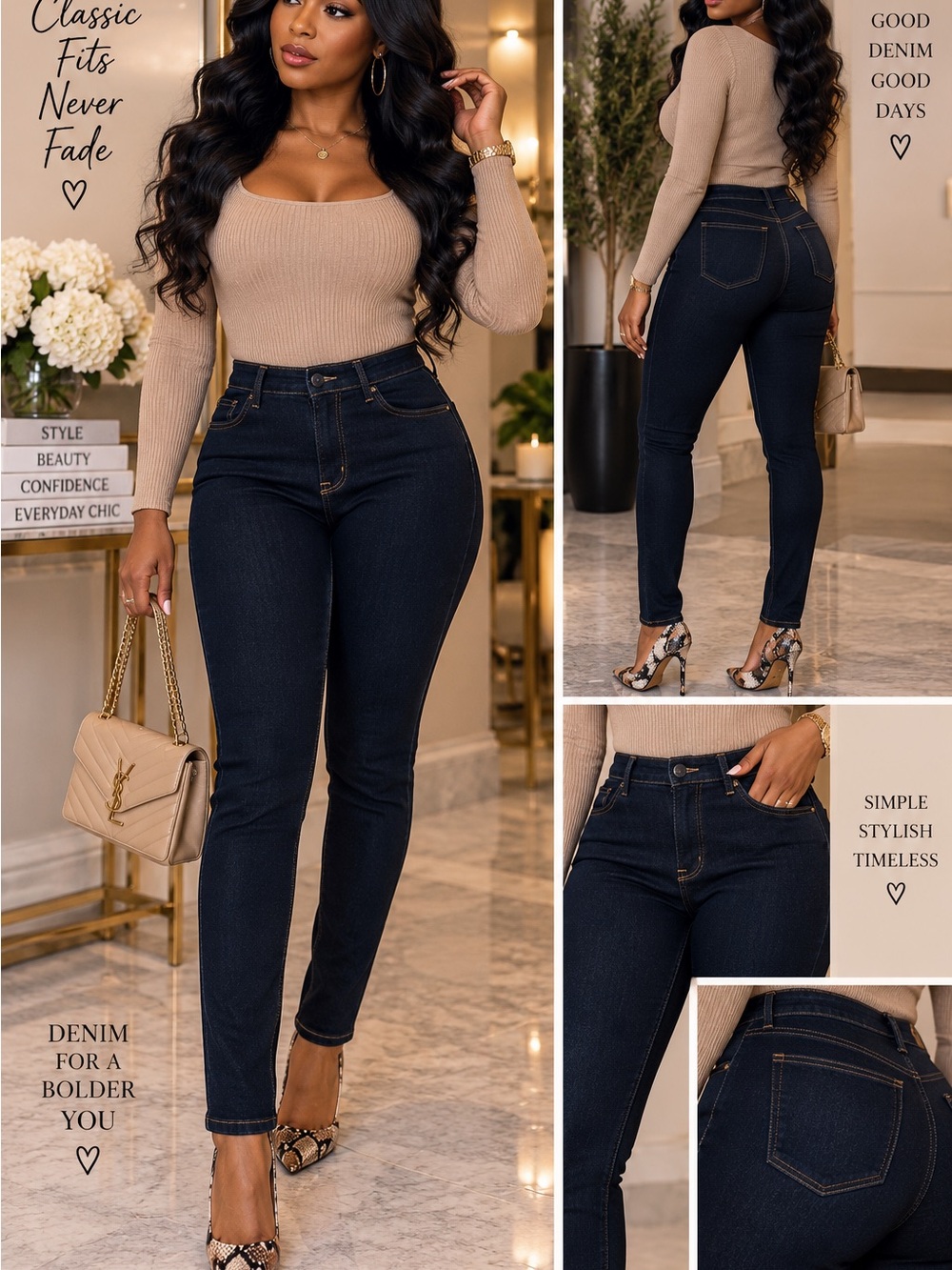 Old Navy Dark Indigo Skinny Jeans with Beige Top Styling